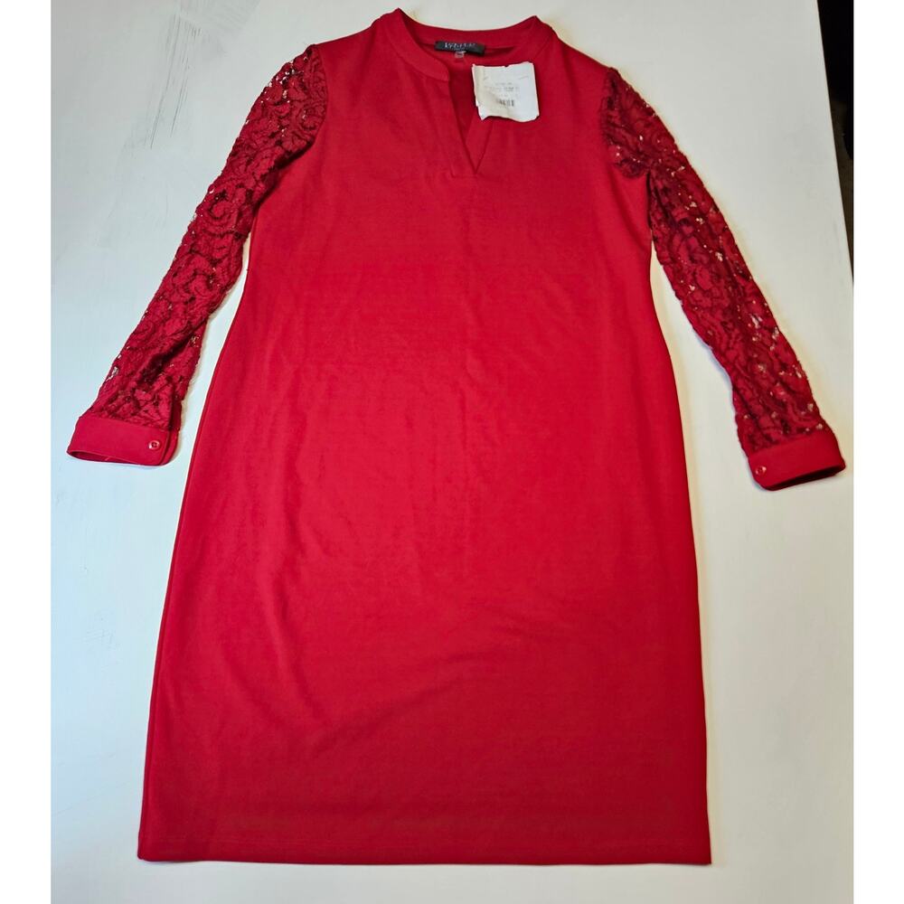 Kasper Women's Red Lace-Sleeve Crepe Sheath Dress Size S
